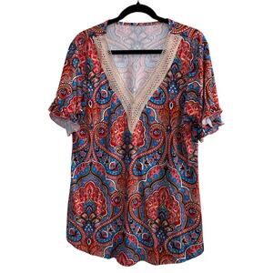 NWOT Women's Short Sleeve Lightweight Blouse Top Paisley Print Lace Collar 2XL